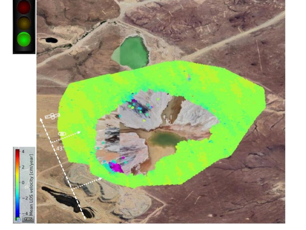 Sample InSAR mine monitoring line-of-sight velocity map over a tailings facility